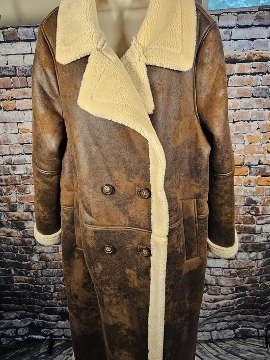 Frye Jackets & Blazers - Frye Shearling Sherpa Faux Leather Long Trench Coat Jacket Large Brown Cream